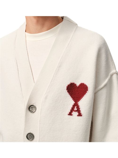 Cardigan Ami de Cœur in lana naturale Ami Paris | UKC367.018154 OFF-WHITE/RED